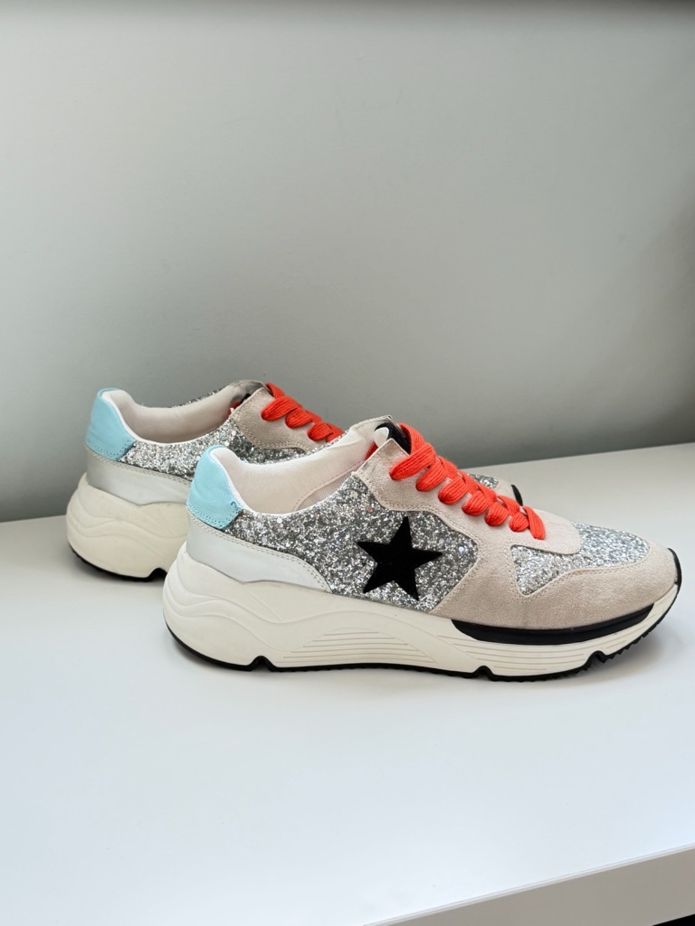 White Raven Glitter Star Sneakers 7 Chunky Platform Y2K Golden Goose Inspired